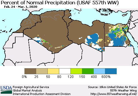 North Africa Percent of Normal Precipitation (USAF 557th WW) Thematic Map For 2/24/2020 - 3/1/2020