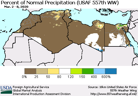 North Africa Percent of Normal Precipitation (USAF 557th WW) Thematic Map For 3/2/2020 - 3/8/2020