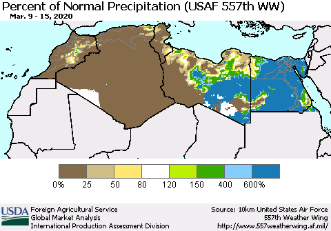 North Africa Percent of Normal Precipitation (USAF 557th WW) Thematic Map For 3/9/2020 - 3/15/2020