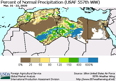 North Africa Percent of Normal Precipitation (USAF 557th WW) Thematic Map For 3/16/2020 - 3/22/2020