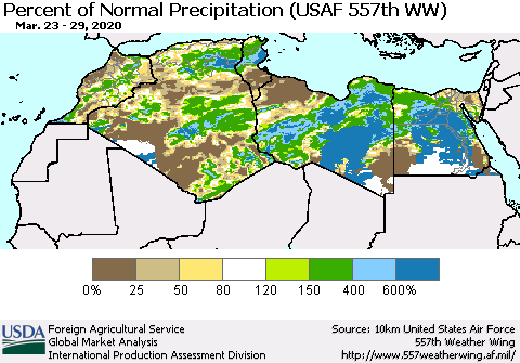 North Africa Percent of Normal Precipitation (USAF 557th WW) Thematic Map For 3/23/2020 - 3/29/2020