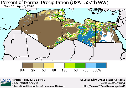 North Africa Percent of Normal Precipitation (USAF 557th WW) Thematic Map For 3/30/2020 - 4/5/2020