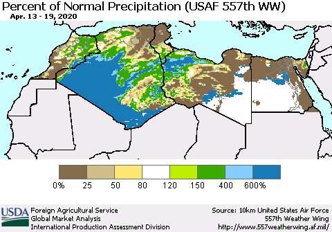 North Africa Percent of Normal Precipitation (USAF 557th WW) Thematic Map For 4/13/2020 - 4/19/2020
