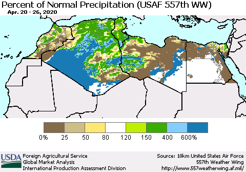 North Africa Percent of Normal Precipitation (USAF 557th WW) Thematic Map For 4/20/2020 - 4/26/2020