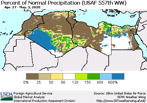 North Africa Percent of Normal Precipitation (USAF 557th WW) Thematic Map For 4/27/2020 - 5/3/2020
