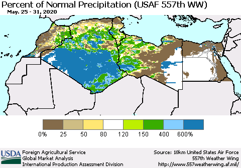 North Africa Percent of Normal Precipitation (USAF 557th WW) Thematic Map For 5/25/2020 - 5/31/2020