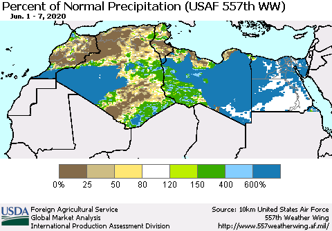 North Africa Percent of Normal Precipitation (USAF 557th WW) Thematic Map For 6/1/2020 - 6/7/2020