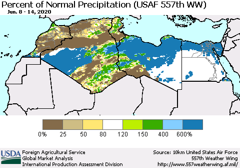 North Africa Percent of Normal Precipitation (USAF 557th WW) Thematic Map For 6/8/2020 - 6/14/2020