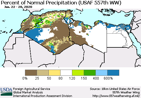 North Africa Percent of Normal Precipitation (USAF 557th WW) Thematic Map For 6/22/2020 - 6/28/2020