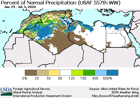 North Africa Percent of Normal Precipitation (USAF 557th WW) Thematic Map For 6/29/2020 - 7/5/2020