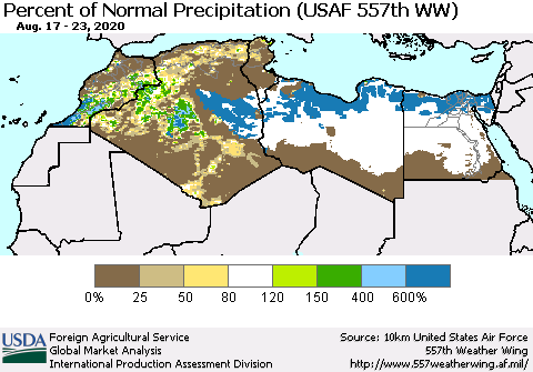 North Africa Percent of Normal Precipitation (USAF 557th WW) Thematic Map For 8/17/2020 - 8/23/2020