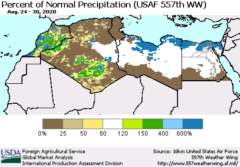 North Africa Percent of Normal Precipitation (USAF 557th WW) Thematic Map For 8/24/2020 - 8/30/2020