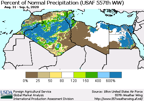North Africa Percent of Normal Precipitation (USAF 557th WW) Thematic Map For 8/31/2020 - 9/6/2020