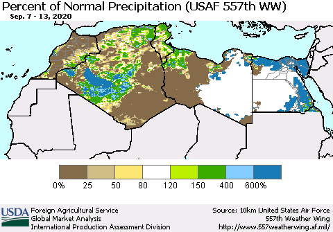 North Africa Percent of Normal Precipitation (USAF 557th WW) Thematic Map For 9/7/2020 - 9/13/2020