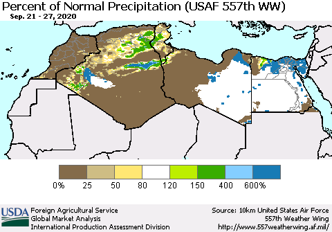 North Africa Percent of Normal Precipitation (USAF 557th WW) Thematic Map For 9/21/2020 - 9/27/2020