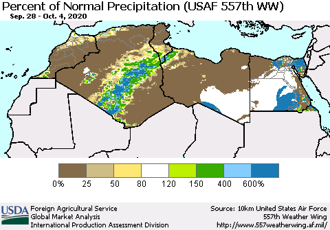 North Africa Percent of Normal Precipitation (USAF 557th WW) Thematic Map For 9/28/2020 - 10/4/2020