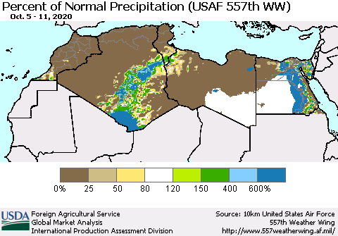 North Africa Percent of Normal Precipitation (USAF 557th WW) Thematic Map For 10/5/2020 - 10/11/2020