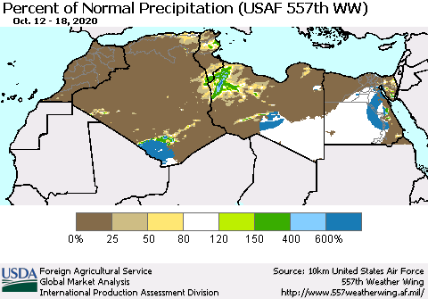 North Africa Percent of Normal Precipitation (USAF 557th WW) Thematic Map For 10/12/2020 - 10/18/2020