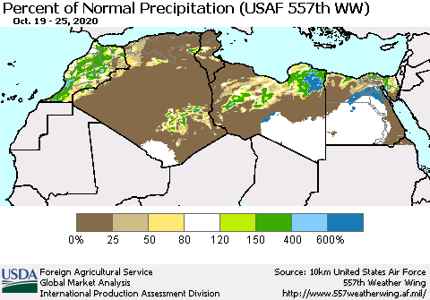 North Africa Percent of Normal Precipitation (USAF 557th WW) Thematic Map For 10/19/2020 - 10/25/2020