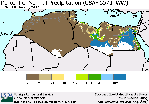 North Africa Percent of Normal Precipitation (USAF 557th WW) Thematic Map For 10/26/2020 - 11/1/2020