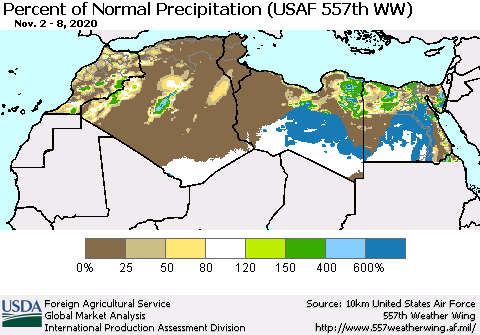 North Africa Percent of Normal Precipitation (USAF 557th WW) Thematic Map For 11/2/2020 - 11/8/2020