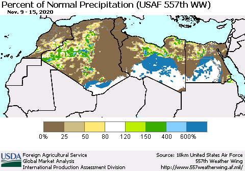 North Africa Percent of Normal Precipitation (USAF 557th WW) Thematic Map For 11/9/2020 - 11/15/2020