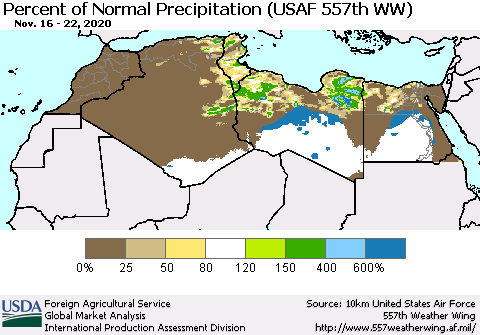 North Africa Percent of Normal Precipitation (USAF 557th WW) Thematic Map For 11/16/2020 - 11/22/2020