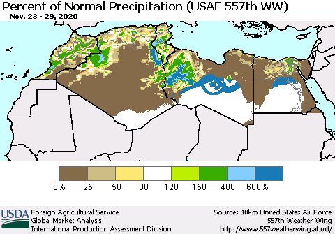 North Africa Percent of Normal Precipitation (USAF 557th WW) Thematic Map For 11/23/2020 - 11/29/2020