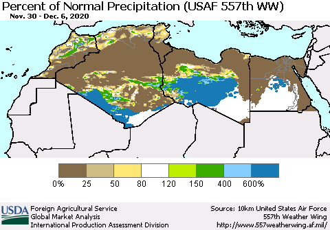 North Africa Percent of Normal Precipitation (USAF 557th WW) Thematic Map For 11/30/2020 - 12/6/2020