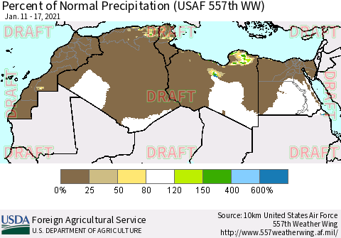 North Africa Percent of Normal Precipitation (USAF 557th WW) Thematic Map For 1/11/2021 - 1/17/2021