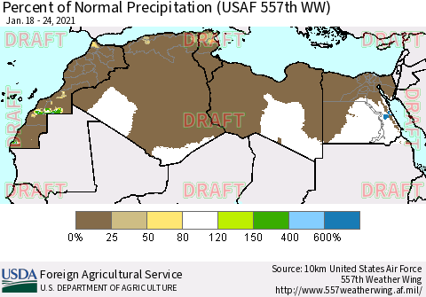 North Africa Percent of Normal Precipitation (USAF 557th WW) Thematic Map For 1/18/2021 - 1/24/2021