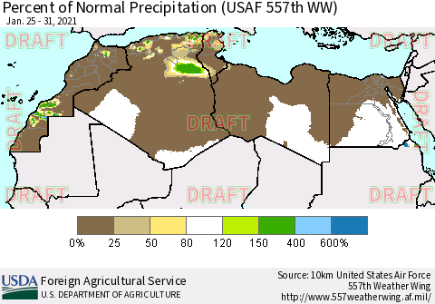 North Africa Percent of Normal Precipitation (USAF 557th WW) Thematic Map For 1/25/2021 - 1/31/2021