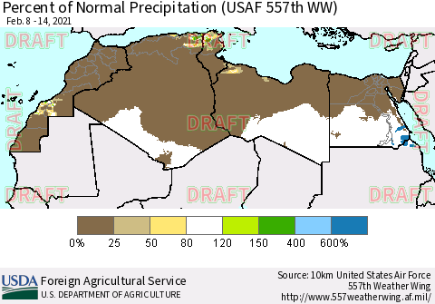 North Africa Percent of Normal Precipitation (USAF 557th WW) Thematic Map For 2/8/2021 - 2/14/2021