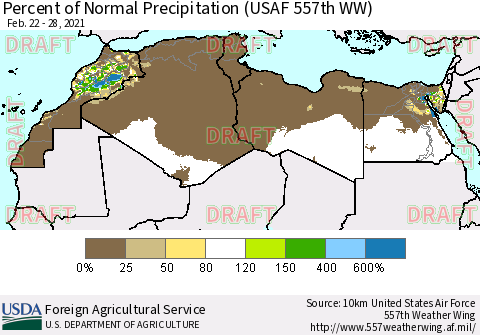 North Africa Percent of Normal Precipitation (USAF 557th WW) Thematic Map For 2/22/2021 - 2/28/2021