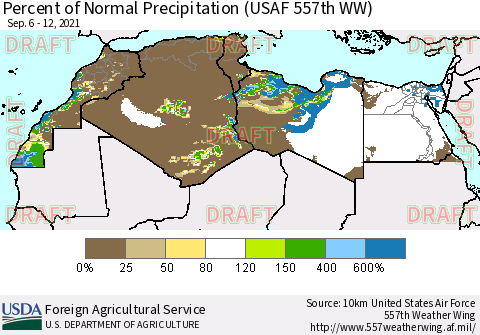 North Africa Percent of Normal Precipitation (USAF 557th WW) Thematic Map For 9/6/2021 - 9/12/2021