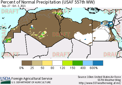 North Africa Percent of Normal Precipitation (USAF 557th WW) Thematic Map For 9/27/2021 - 10/3/2021