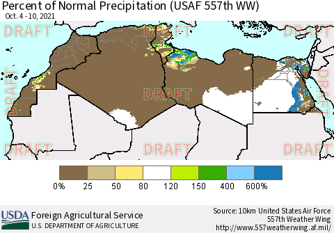 North Africa Percent of Normal Precipitation (USAF 557th WW) Thematic Map For 10/4/2021 - 10/10/2021