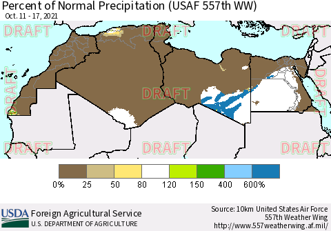 North Africa Percent of Normal Precipitation (USAF 557th WW) Thematic Map For 10/11/2021 - 10/17/2021