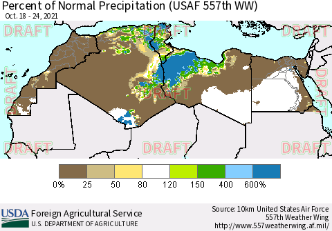North Africa Percent of Normal Precipitation (USAF 557th WW) Thematic Map For 10/18/2021 - 10/24/2021