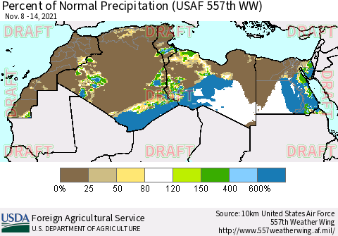 North Africa Percent of Normal Precipitation (USAF 557th WW) Thematic Map For 11/8/2021 - 11/14/2021