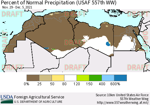 North Africa Percent of Normal Precipitation (USAF 557th WW) Thematic Map For 11/29/2021 - 12/5/2021
