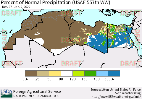 North Africa Percent of Normal Precipitation (USAF 557th WW) Thematic Map For 12/27/2021 - 1/2/2022