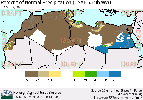 North Africa Percent of Normal Precipitation (USAF 557th WW) Thematic Map For 1/3/2022 - 1/9/2022