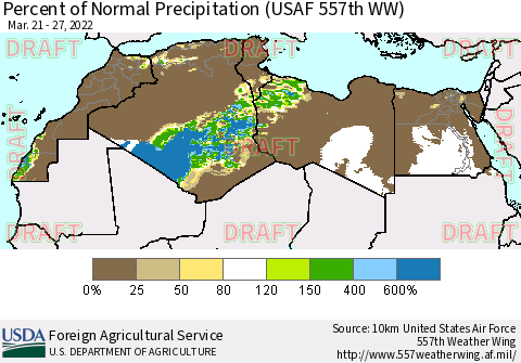 North Africa Percent of Normal Precipitation (USAF 557th WW) Thematic Map For 3/21/2022 - 3/27/2022