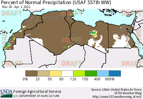 North Africa Percent of Normal Precipitation (USAF 557th WW) Thematic Map For 3/28/2022 - 4/3/2022
