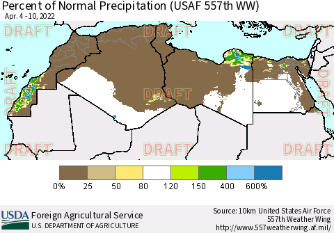 North Africa Percent of Normal Precipitation (USAF 557th WW) Thematic Map For 4/4/2022 - 4/10/2022