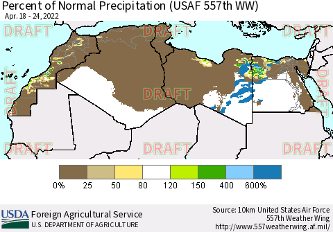 North Africa Percent of Normal Precipitation (USAF 557th WW) Thematic Map For 4/18/2022 - 4/24/2022