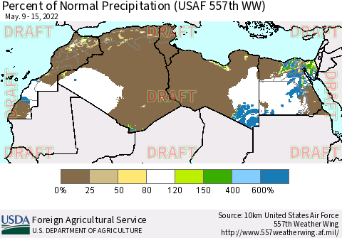 North Africa Percent of Normal Precipitation (USAF 557th WW) Thematic Map For 5/9/2022 - 5/15/2022