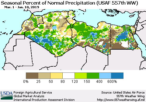 North Africa Seasonal Percent of Normal Precipitation (USAF 557th WW) Thematic Map For 3/1/2018 - 1/10/2019