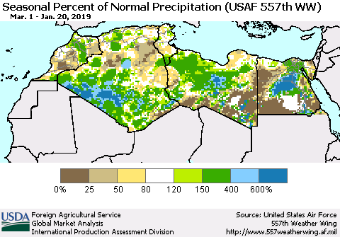 North Africa Seasonal Percent of Normal Precipitation (USAF 557th WW) Thematic Map For 3/1/2018 - 1/20/2019